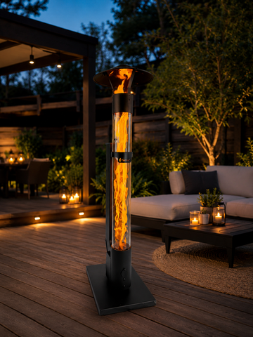 Flamesa Kleine Pelletkachel voor Buiten in een moderne tuin met groen en loungeset.